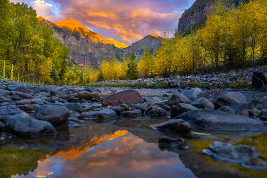 Golden autumn trees beside the San Miguel River near Telluride
