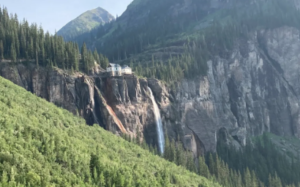 Bridal Veil Falls beneath mountain peaks near Telluride